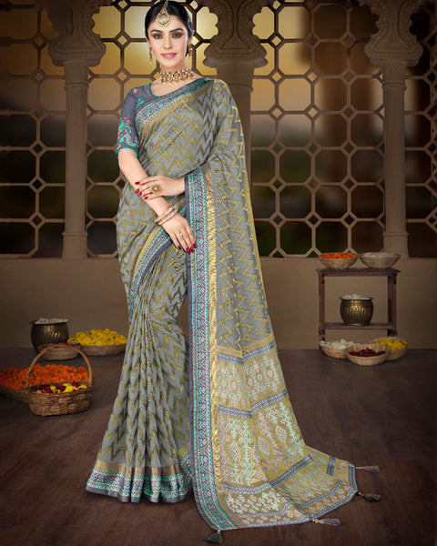 Grey Brasso Saree With Weaved Satin Patta And Tassel