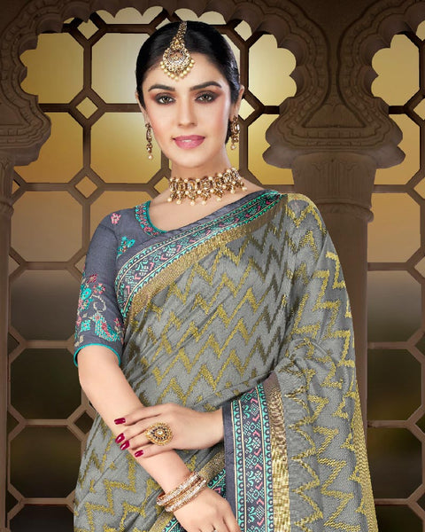 Grey Brasso Saree With Weaved Satin Patta And Tassel