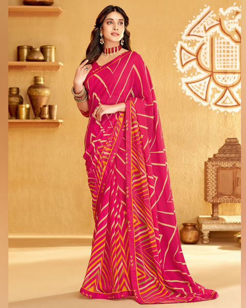 Amaranth Pink Printed Georgette Saree With Fancy Border