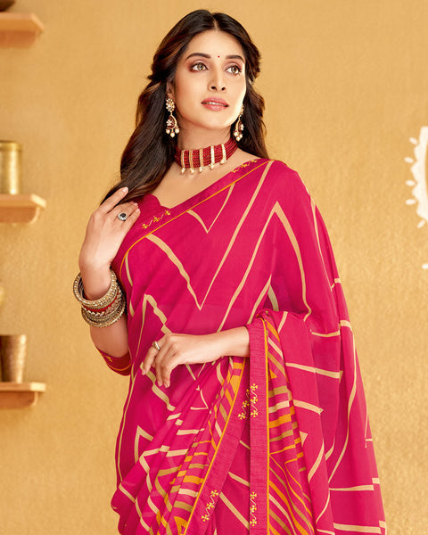 Amaranth Pink Printed Georgette Saree With Fancy Border