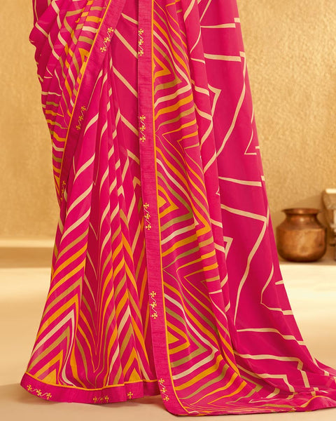 Amaranth Pink Printed Georgette Saree With Fancy Border