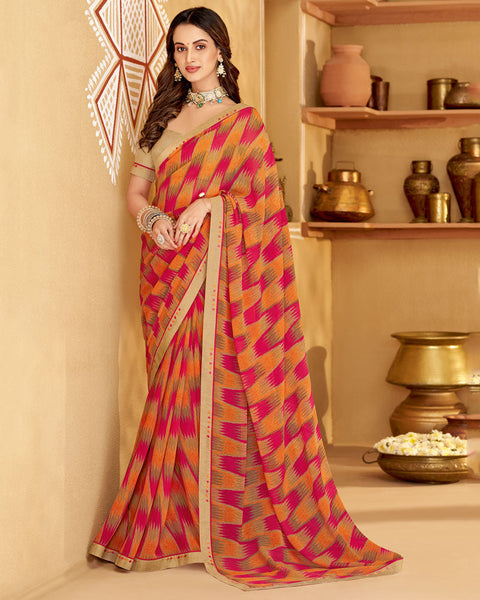 Amaranth Pink Printed Georgette Saree With Fancy Border