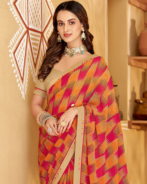 Amaranth Pink Printed Georgette Saree With Fancy Border