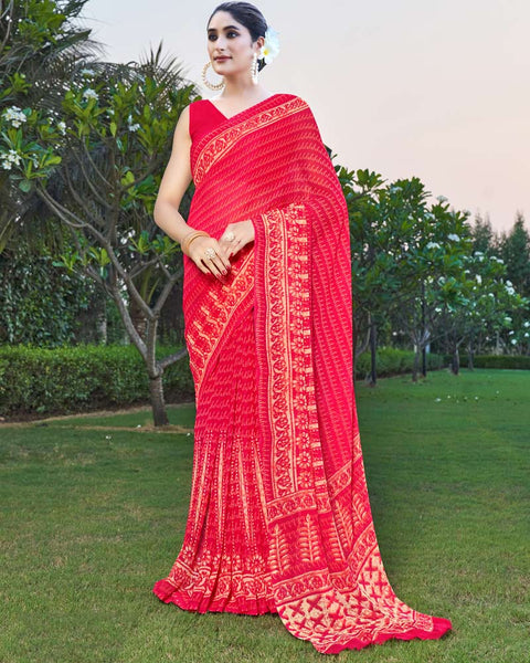 Pinkish Red Printed Georgette Saree