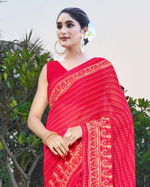 Pinkish Red Printed Georgette Saree