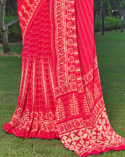 Pinkish Red Printed Georgette Saree