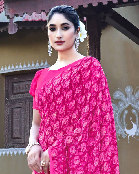 Hot Pink Printed Georgette Saree
