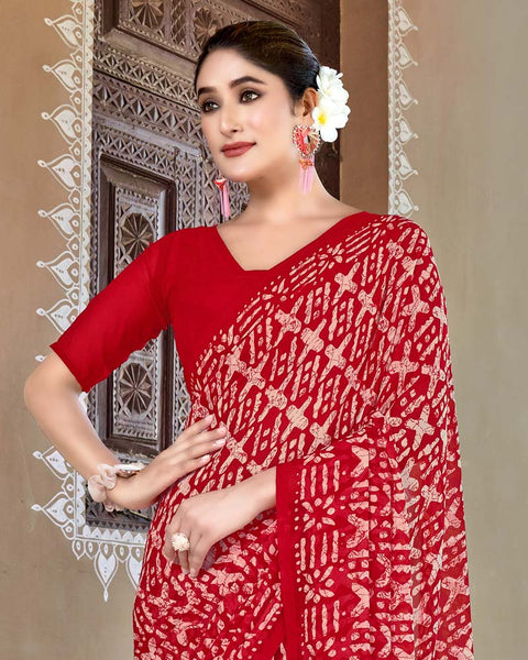 Cherry Red Printed Georgette Saree