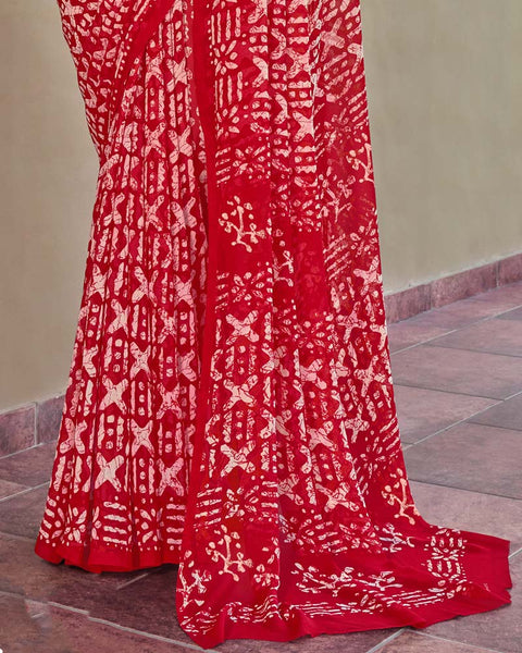 Cherry Red Printed Georgette Saree