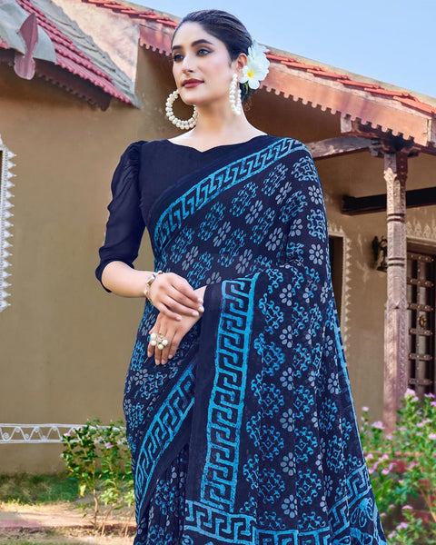 Ink Blue Printed Georgette Saree
