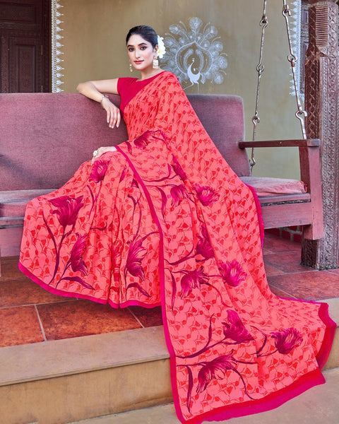 Pastel Red Printed Georgette Saree