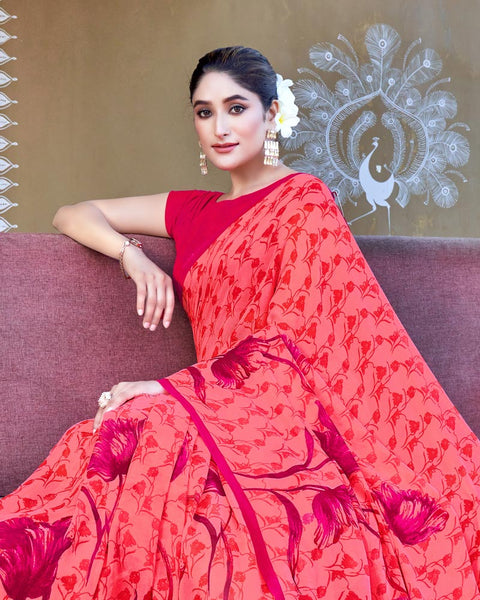 Pastel Red Printed Georgette Saree