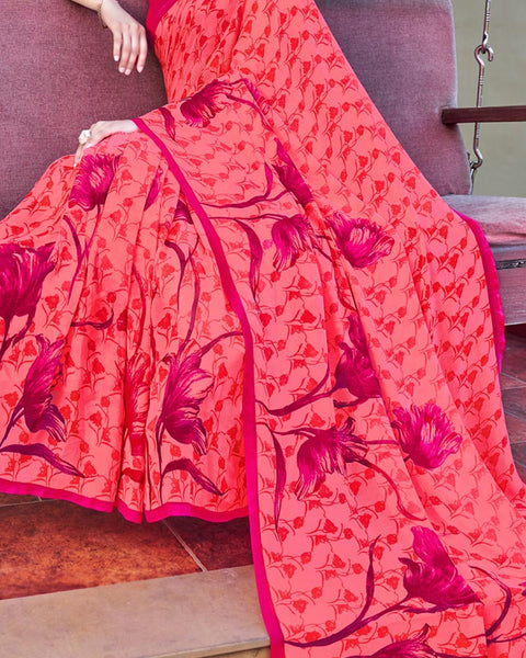 Pastel Red Printed Georgette Saree