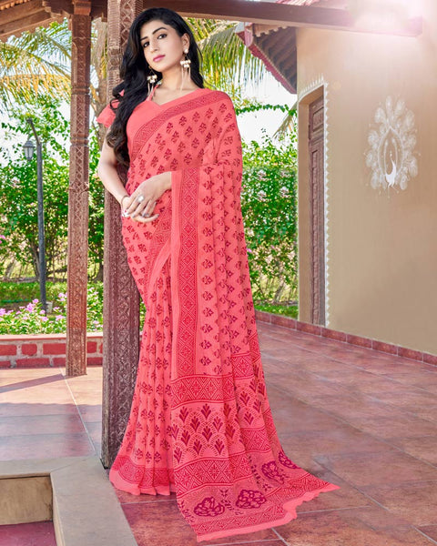 Coral Pink Printed Georgette Saree