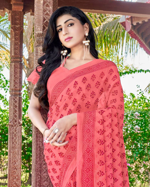 Coral Pink Printed Georgette Saree