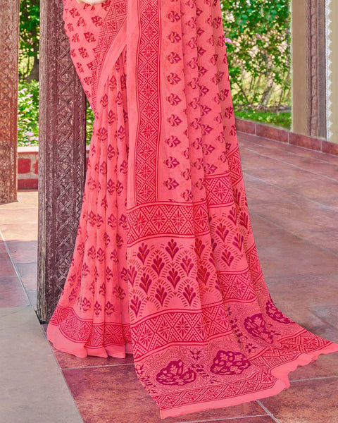 Coral Pink Printed Georgette Saree