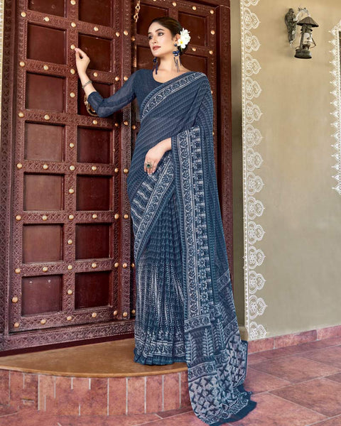 Dark Blue Grey Printed Georgette Saree