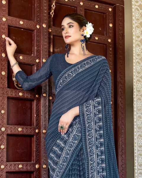 Dark Blue Grey Printed Georgette Saree