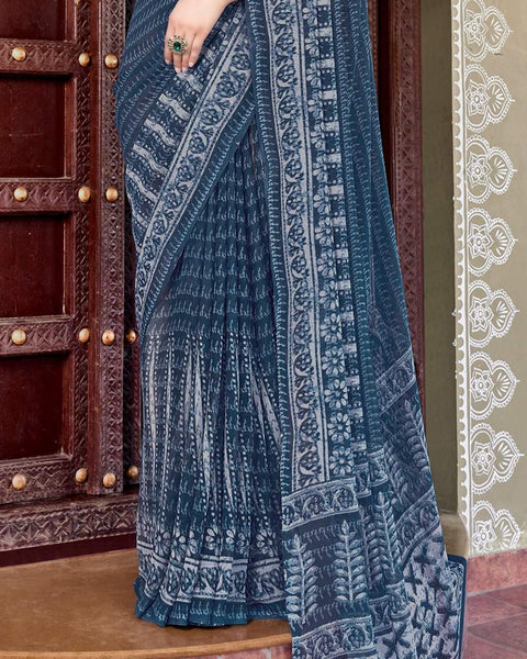 Dark Blue Grey Printed Georgette Saree