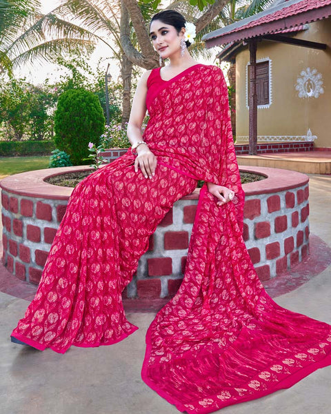Red Pink Printed Georgette Saree