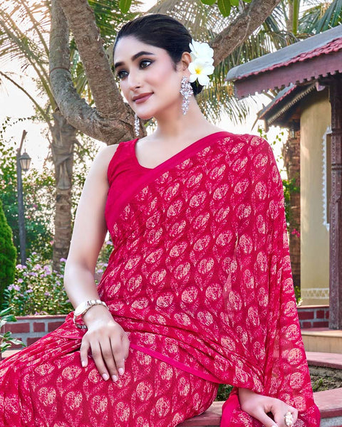 Red Pink Printed Georgette Saree