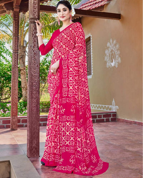 Pinkish Red Printed Georgette Saree