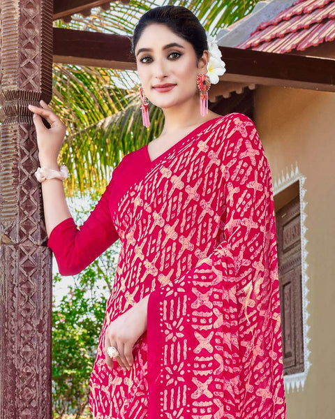 Pinkish Red Printed Georgette Saree