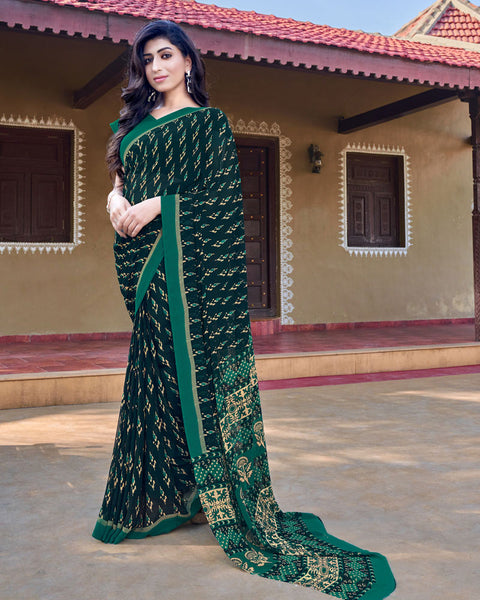 Bottle Green Printed Georgette Saree