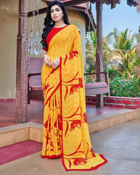 Yellow Printed Georgette Saree