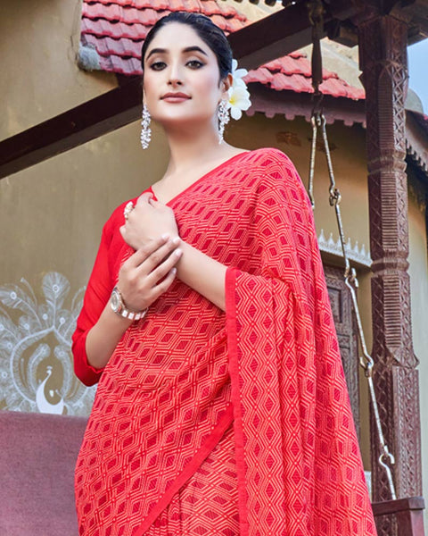 Radical Red Printed Georgette Saree