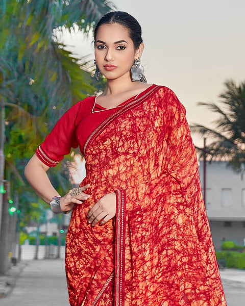 Monza Red Printed Georgette Saree With Fancy Border