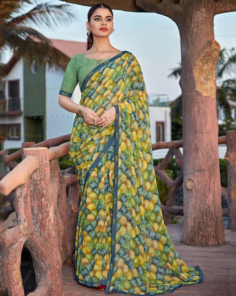 Turquoise Green Printed Georgette Saree With Fancy Border