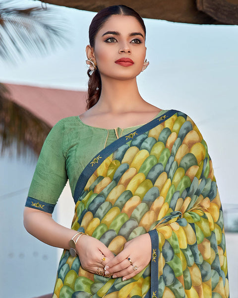 Turquoise Green Printed Georgette Saree With Fancy Border