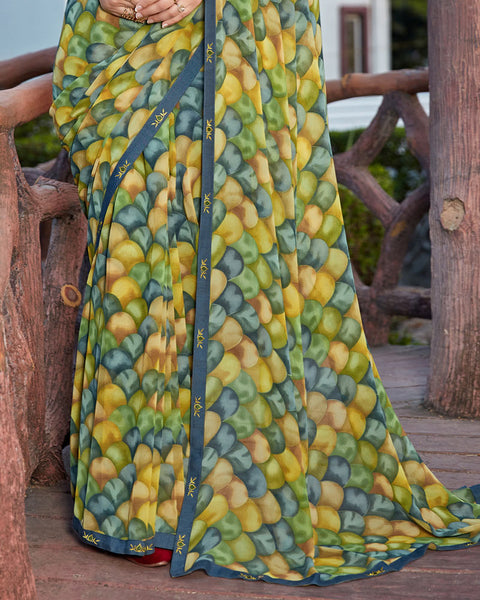 Turquoise Green Printed Georgette Saree With Fancy Border