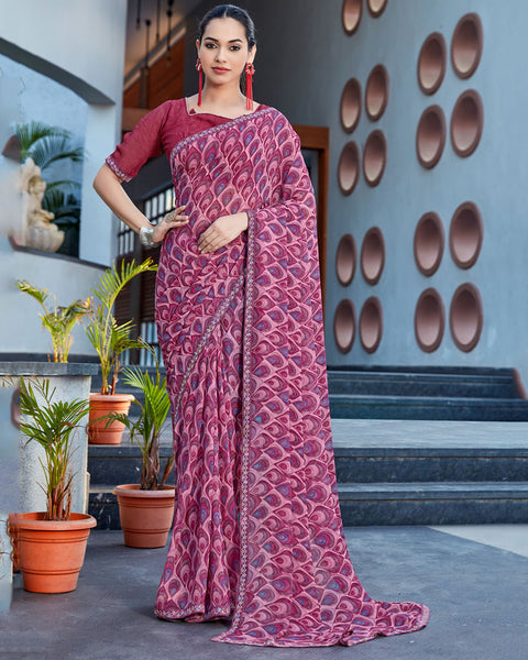 Dusty Pink Printed Georgette Saree With Fancy Border