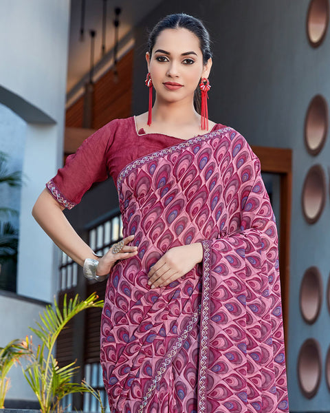 Dusty Pink Printed Georgette Saree With Fancy Border