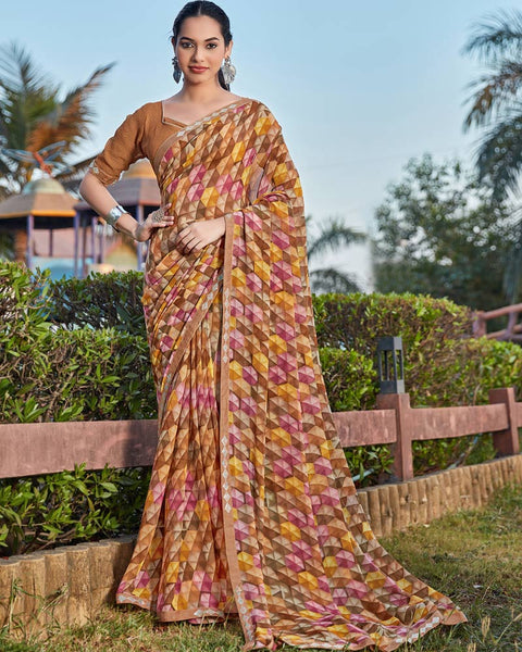 Rusty Brown Printed Georgette Saree With Fancy Border