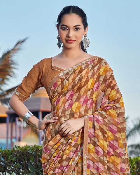 Rusty Brown Printed Georgette Saree With Fancy Border