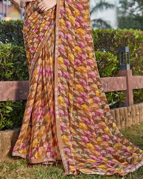 Rusty Brown Printed Georgette Saree With Fancy Border