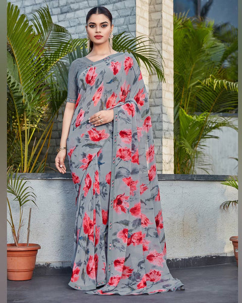 Santa Grey Printed Georgette Saree With Fancy Border