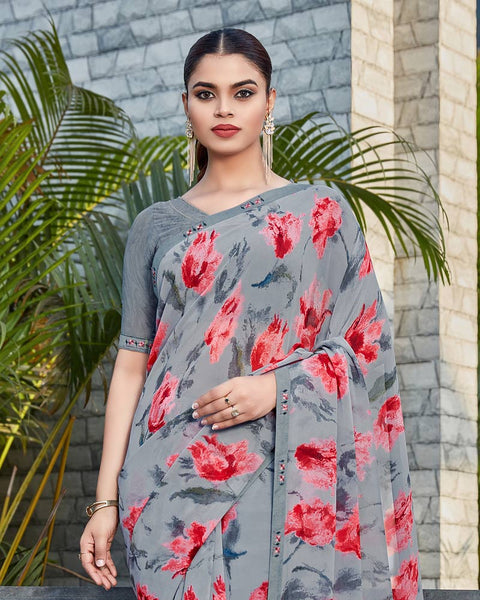 Santa Grey Printed Georgette Saree With Fancy Border