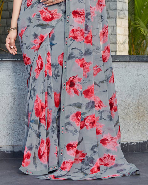 Santa Grey Printed Georgette Saree With Fancy Border