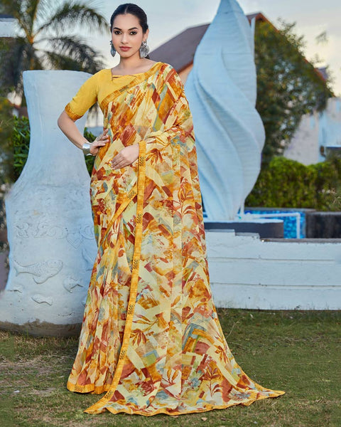 Pastel Yellow Printed Georgette Saree With Fancy Border