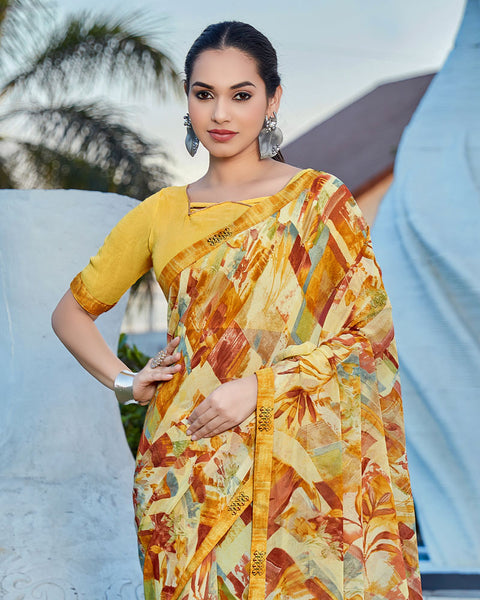 Pastel Yellow Printed Georgette Saree With Fancy Border