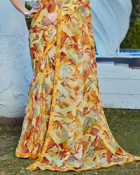 Pastel Yellow Printed Georgette Saree With Fancy Border