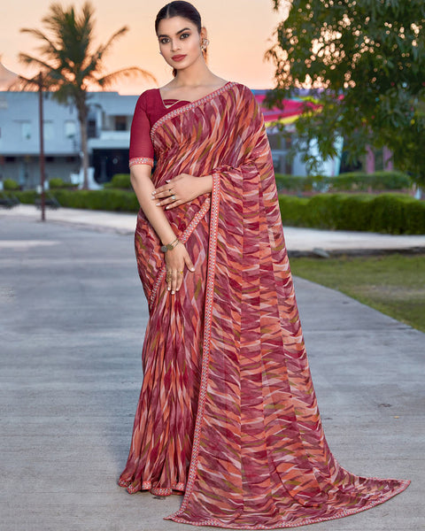 Paprika Red Printed Georgette Saree With Fancy Border