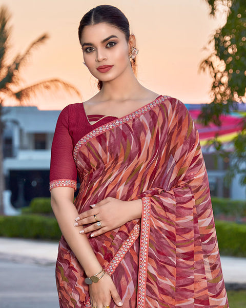 Paprika Red Printed Georgette Saree With Fancy Border