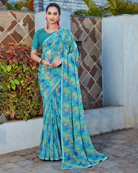 Pelorus Blue Printed Georgette Saree With Fancy Border