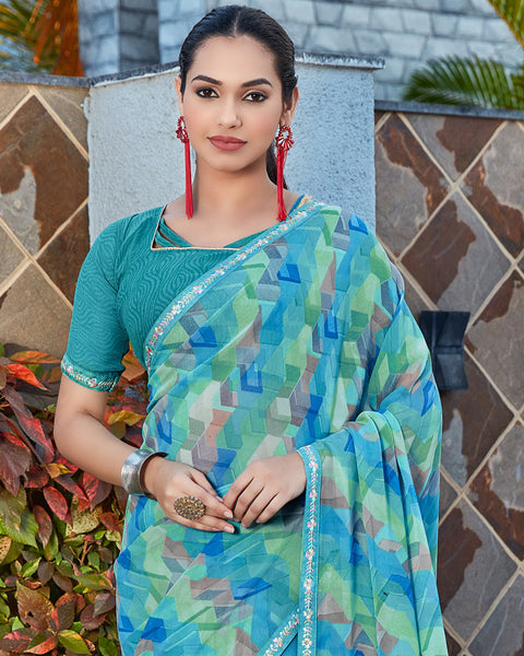Pelorus Blue Printed Georgette Saree With Fancy Border
