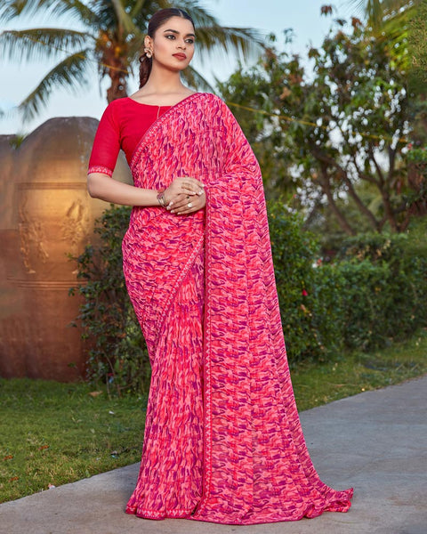 Pink Salmon Printed Georgette Saree With Fancy Border